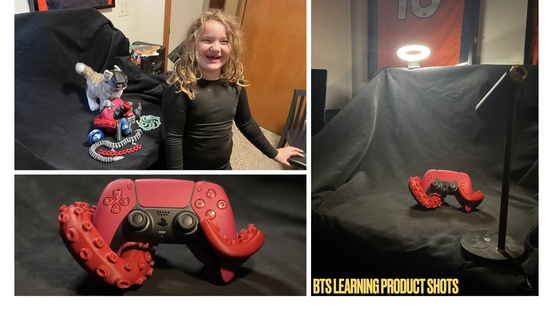 A collage of three photos related to BTS learning products. The top left photo shows a young girl with curly blonde hair smiling and standing with her hand on a chair, with various jewelry and a small stuffed animal on a black couch next to her. The top right photo depicts a black background with a red gaming controller modified with red rubber octopus tentacles, and a ring light above. The bottom photo features a close-up of the same red gaming controller with octopus tentacles, placed on a black surface. The text "BTS LEARNING PRODUCT SHOTS" appears in yellow at the bottom right.