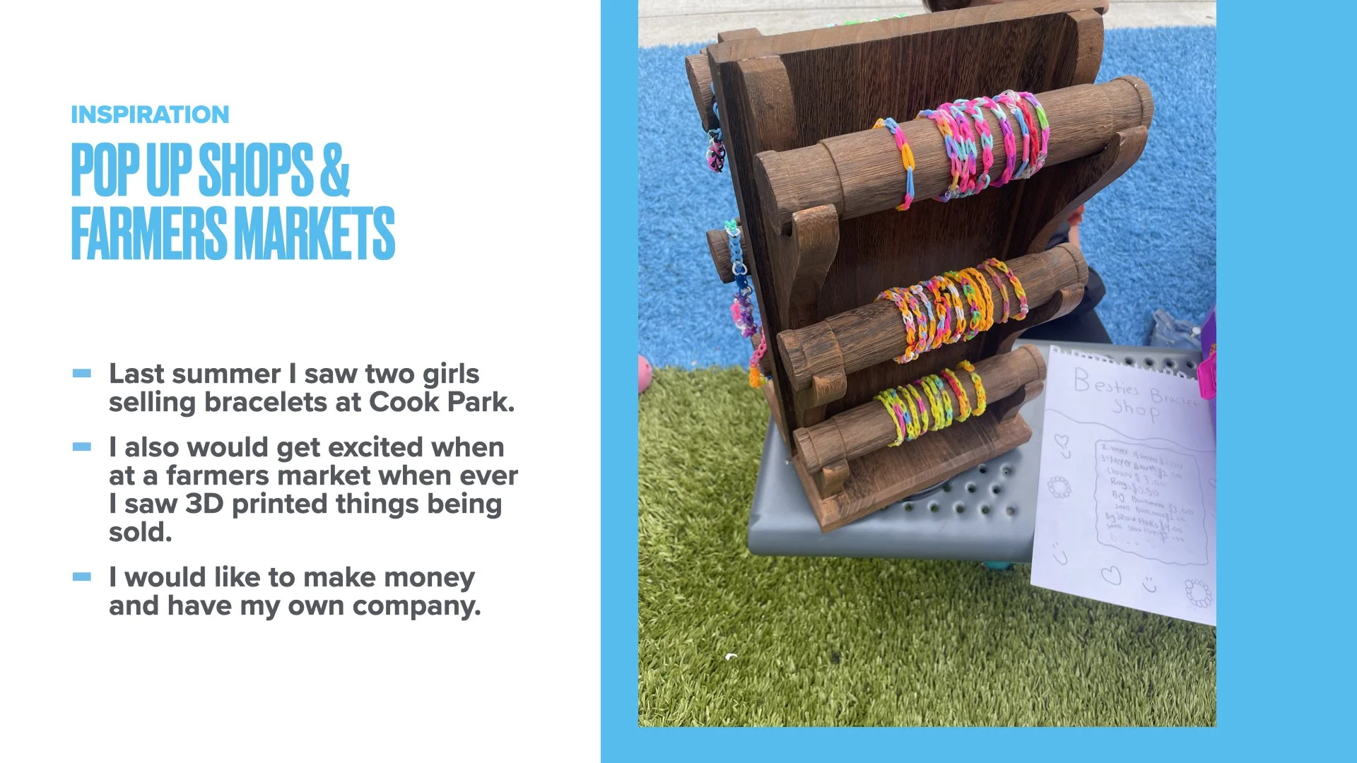 Display of colorful bracelets on a wooden stand at a pop-up shop, with a handwritten sign listing prices for various jewelry items.