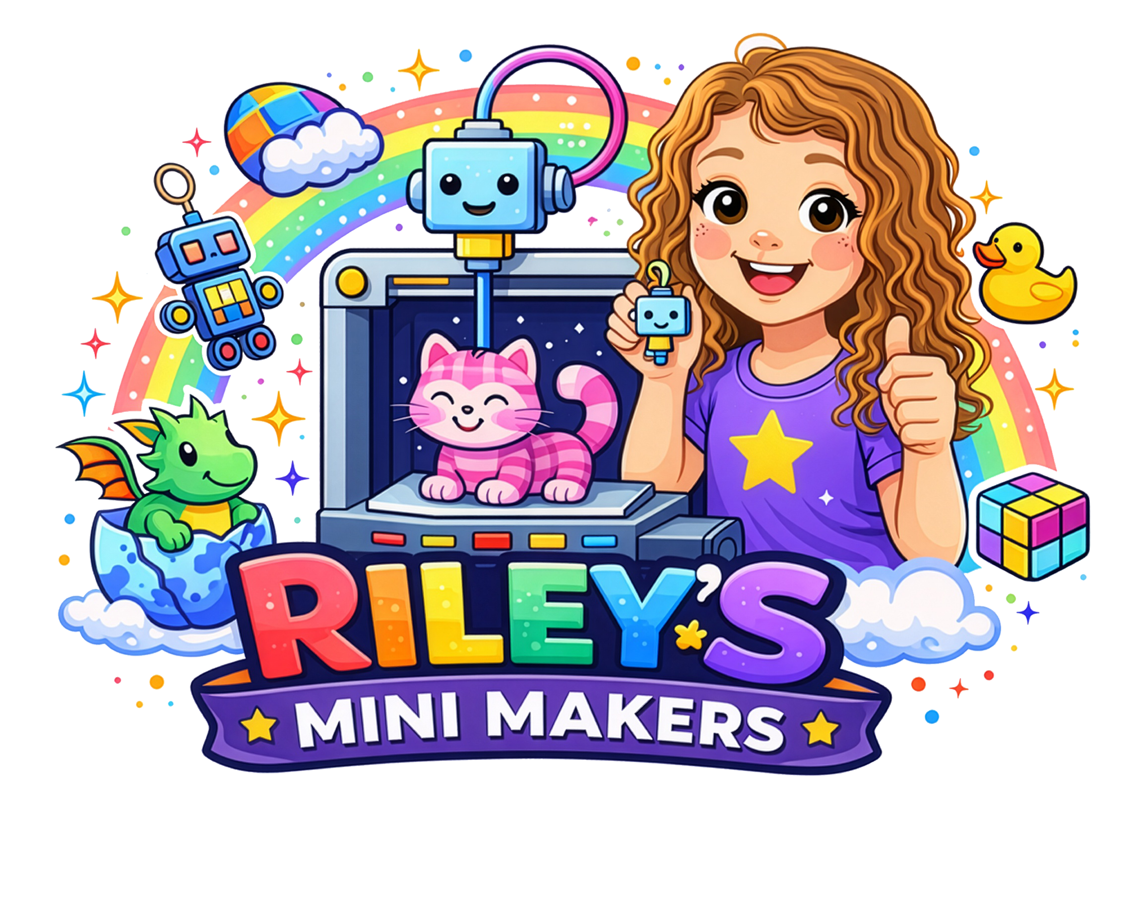 Colorful animated logo for Riley's Mini Makers featuring a girl with curly red hair, holding a robot figure, surrounded by a rainbow, robot, cat, dragon, duck, and Rubik's cube, with the text "Riley's Mini Makers".