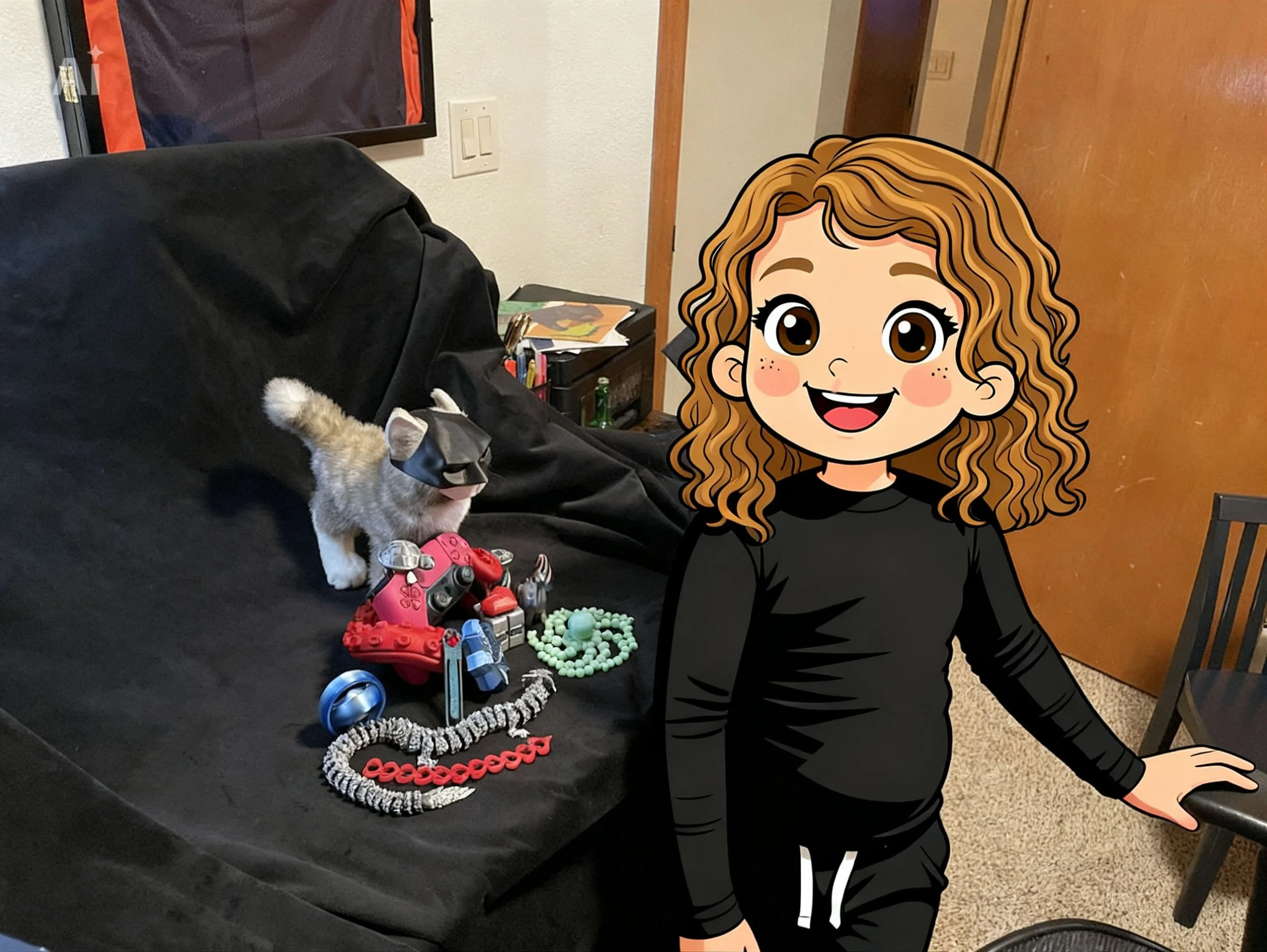 A black couch with a small stuffed animal puppy and various small toys, including a red toy, a blue mirror, and some jewelry, on it. A cartoon girl with curly brown hair, wearing a black long-sleeve shirt and pants, is standing beside the couch, smiling and resting her hand on a chair.