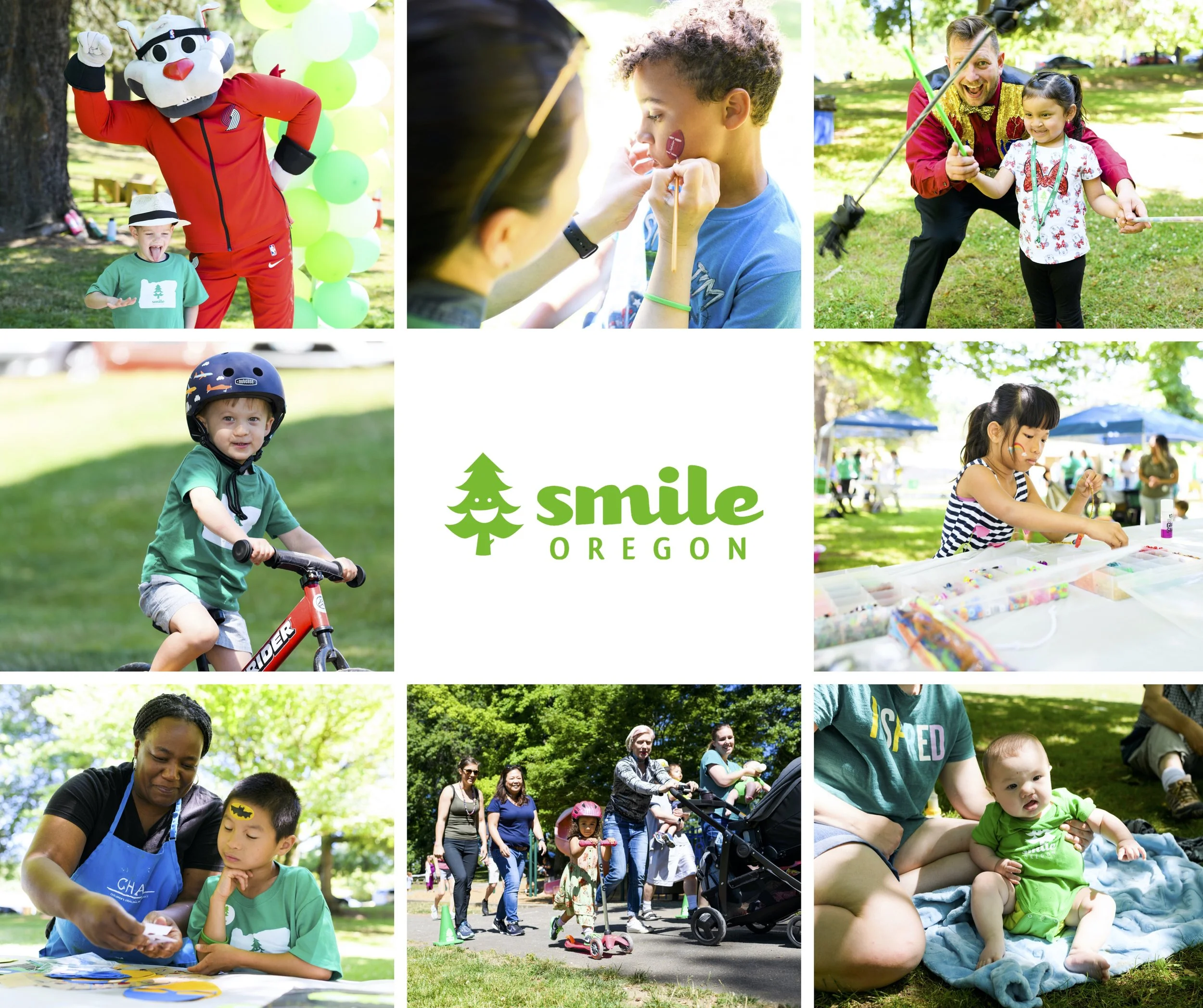 Collage of children and families enjoying outdoor activities at Smile Oregon event, including playing, face painting, riding bikes, crafts, and socializing in a park setting with trees and tents.