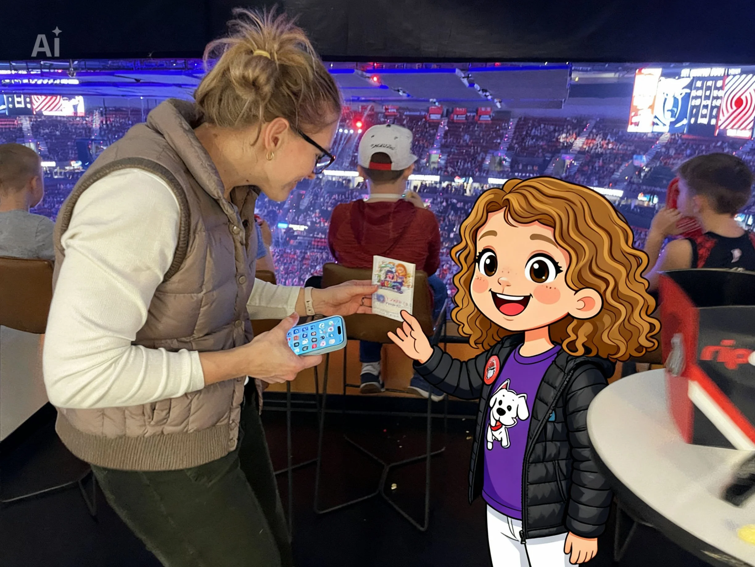 A woman holding a smartphone and an event ticket, smiling and interacting with an animated cartoon girl with curly hair, wearing a black jacket and purple shirt, in a stadium setting with other spectators in the background.