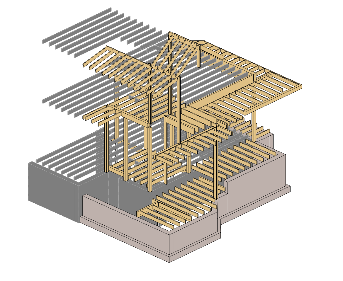 Architectural drawing of a building frame with wooden beams and structural elements under construction.