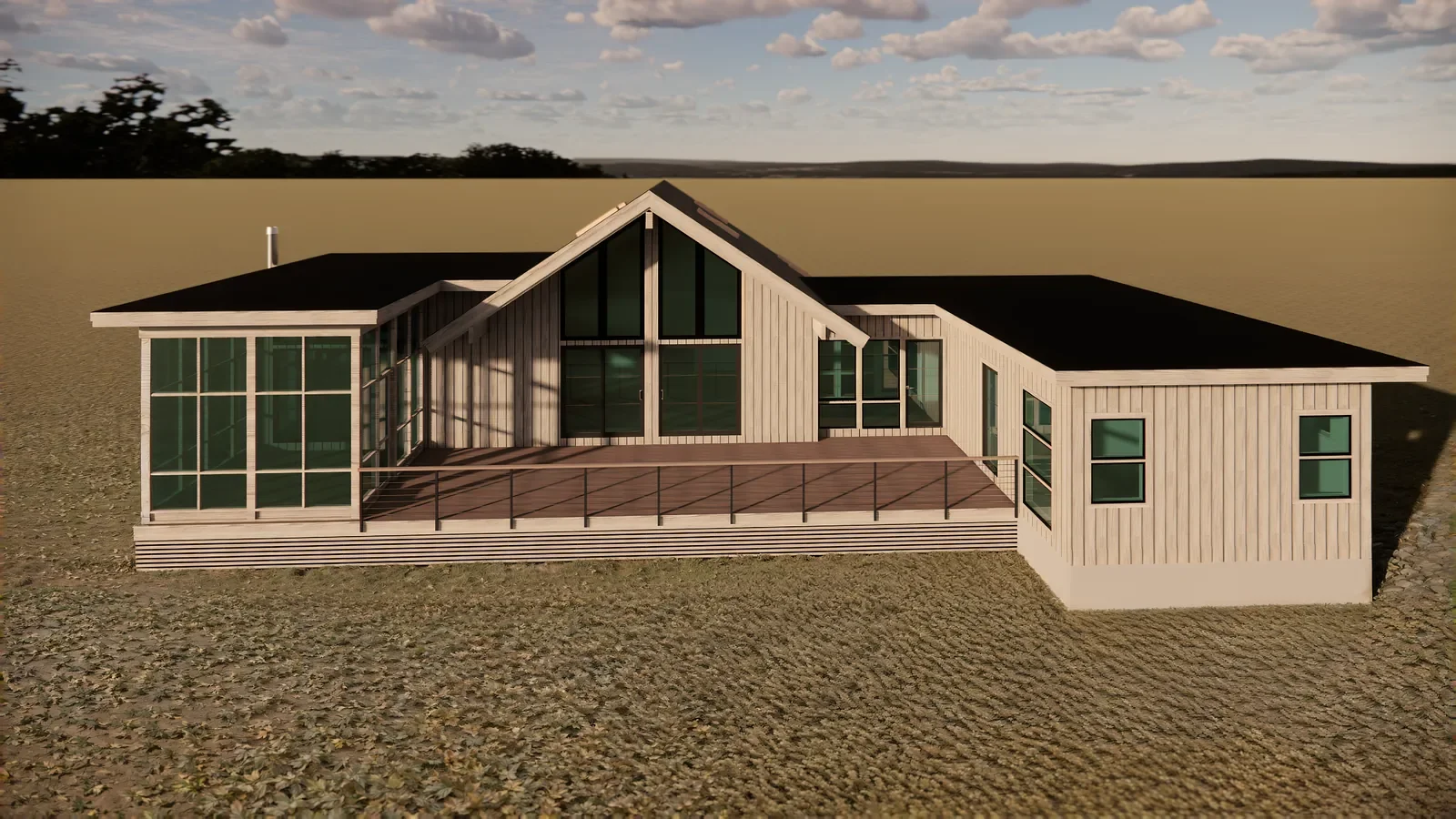 A large modern house with a combination of glass and stone exterior, situated in an open field during twilight with illuminated interior lights and a partly cloudy sky.