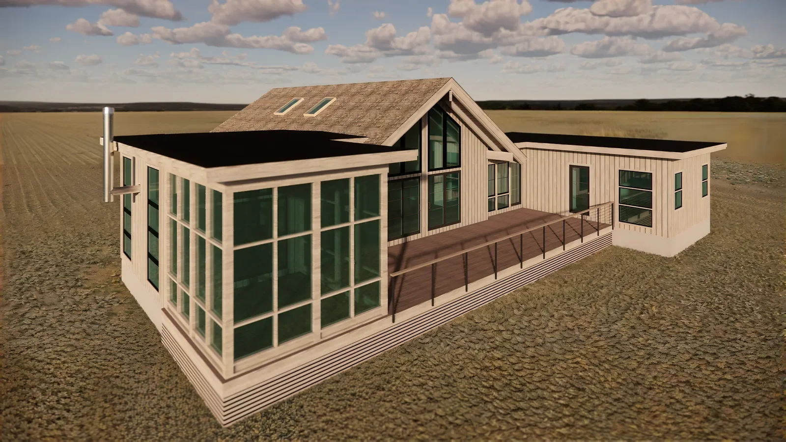 Modern black multi-story house with large windows, surrounded by trees with autumn leaves, under a partly cloudy sky.