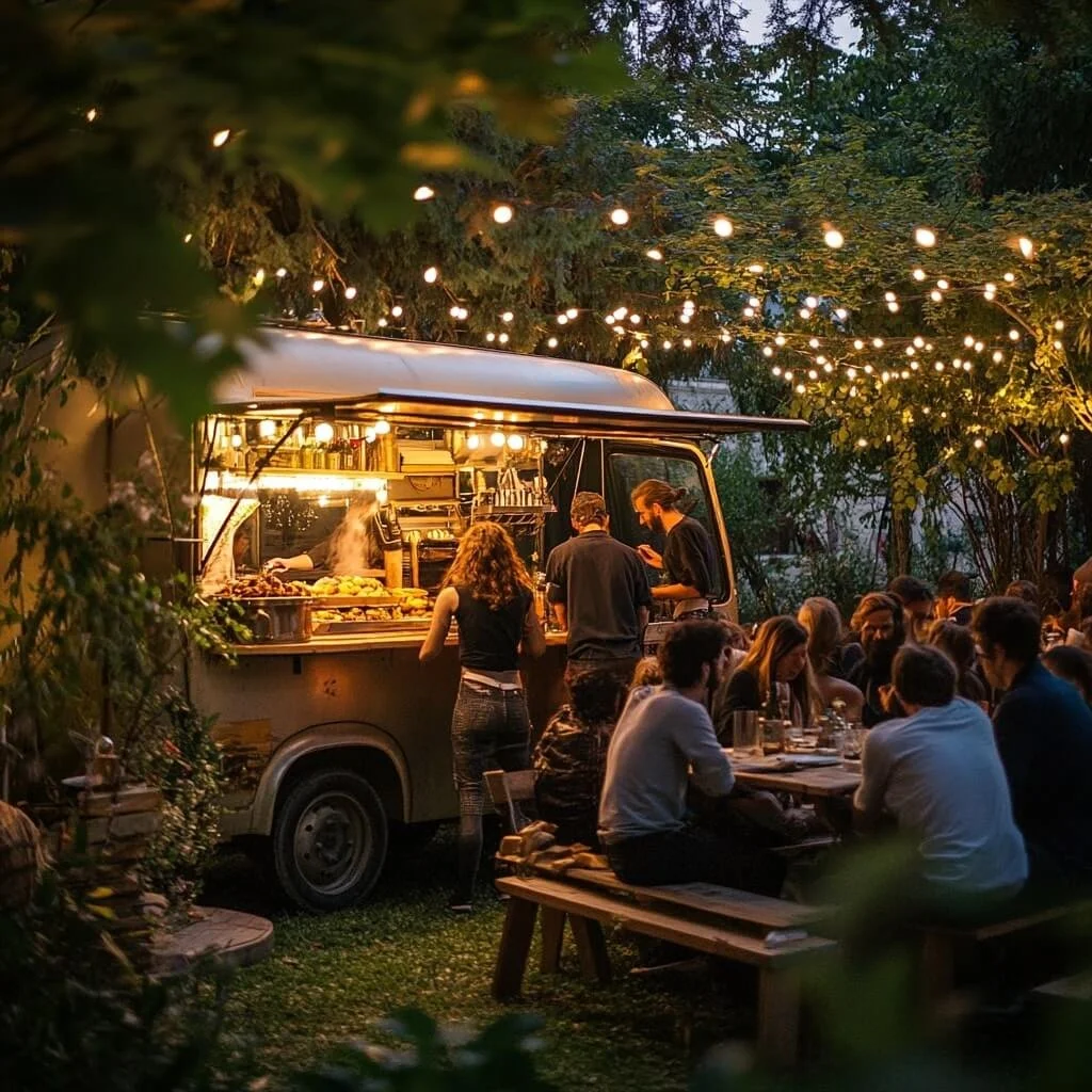 People gathered around a food truck at an outdoor nighttime event, with string lights overhead and trees surrounding the area.