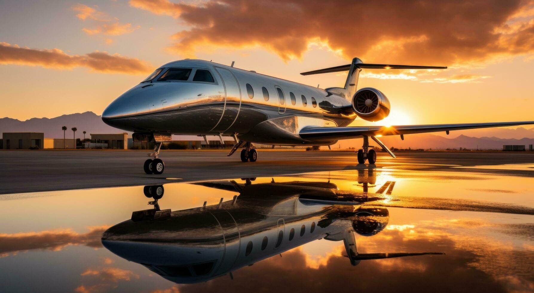 A sleek private jet parked on an airport tarmac at sunset, with a reflection of the plane and colorful sky visible on a wet surface.