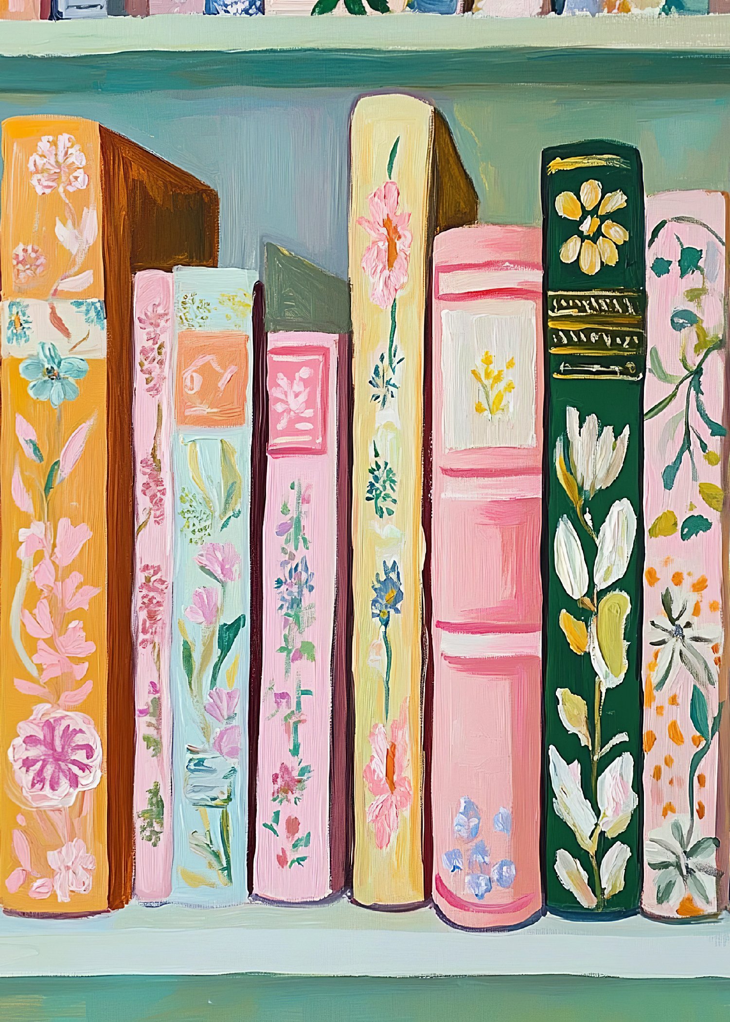 Painted illustration of a row of books with colorful, floral-patterned covers on a shelf.