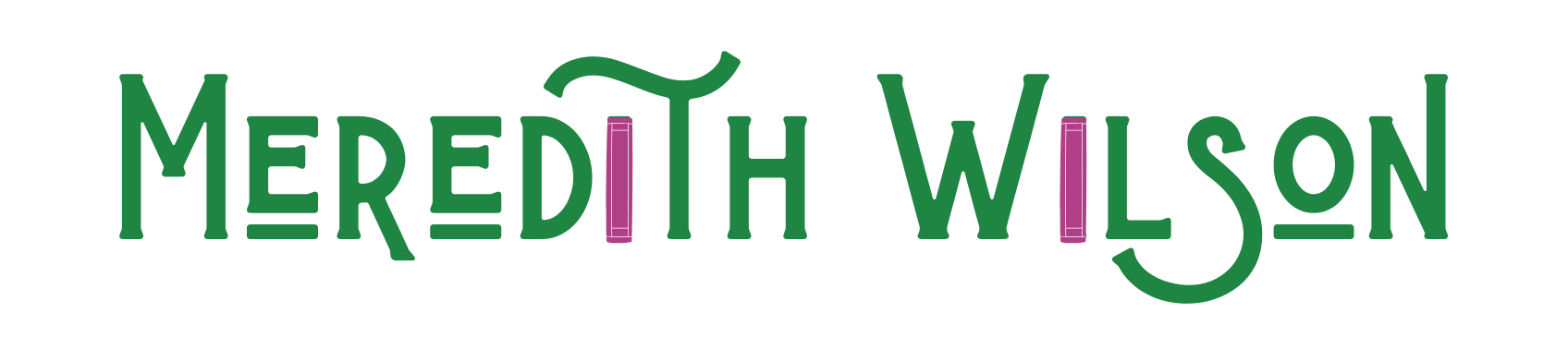 Logo for Meredith Wilson with green and purple text and a stylized treble clef integrated into the design.