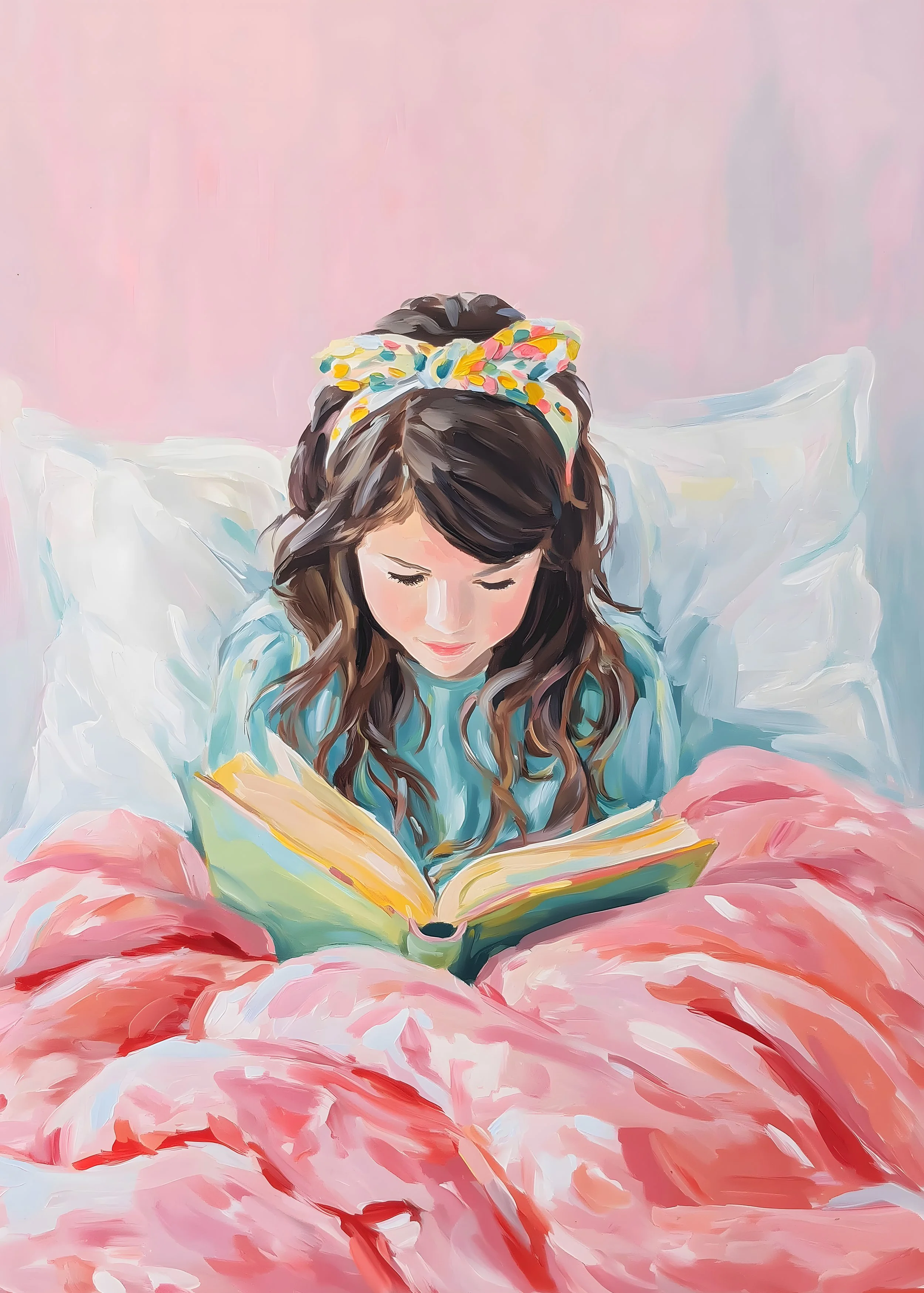 A girl with long brown hair, wearing a colorful headband, reading a book while sitting on a pink blanket with a blue pillow behind her, against a pink wall.