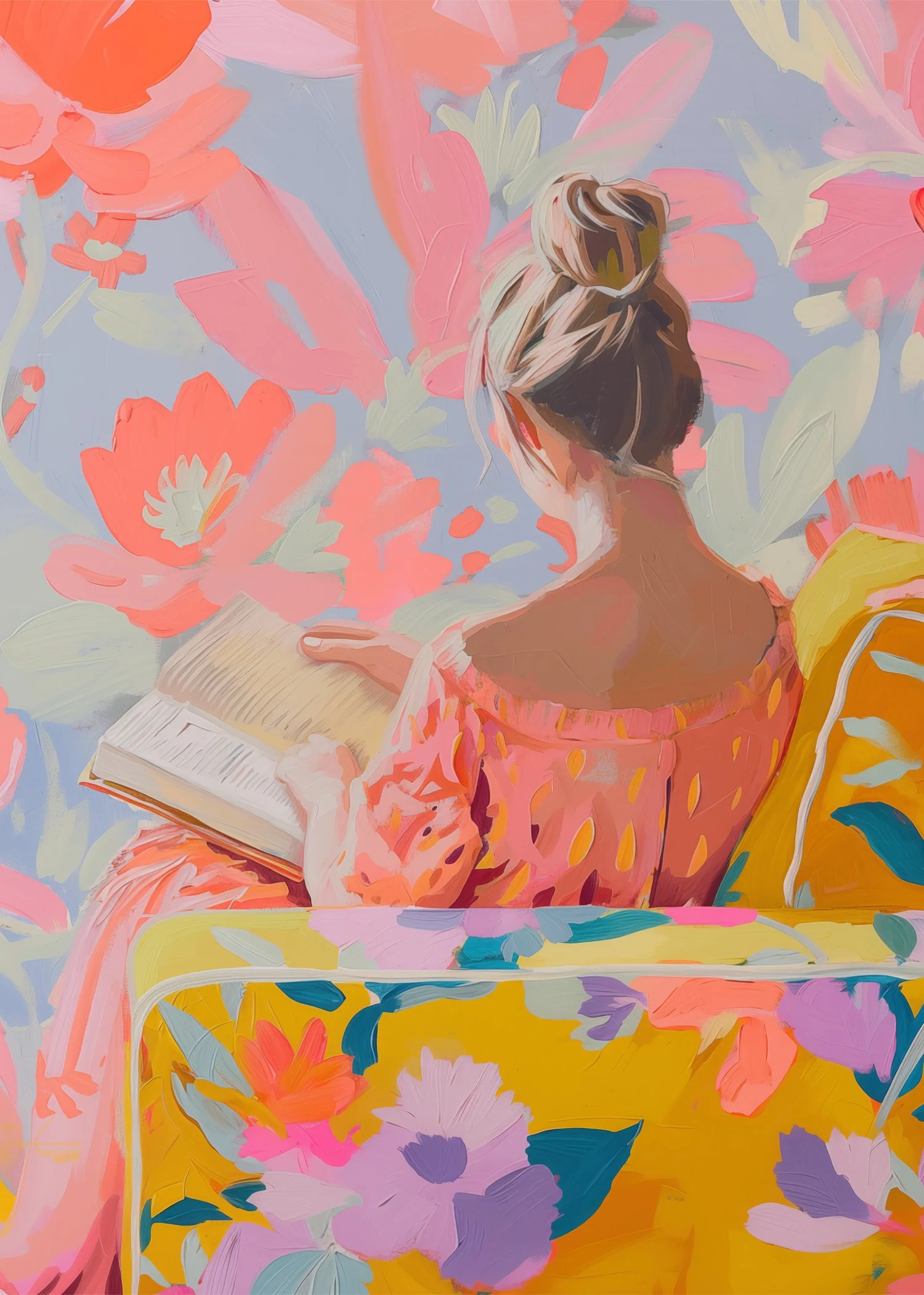 A painting of a woman with her hair in a bun, sitting with her back facing the viewer, reading a book. She is wearing an off-the-shoulder pink dress, and the background is filled with large, colorful floral patterns in shades of pink, orange, and lavender.