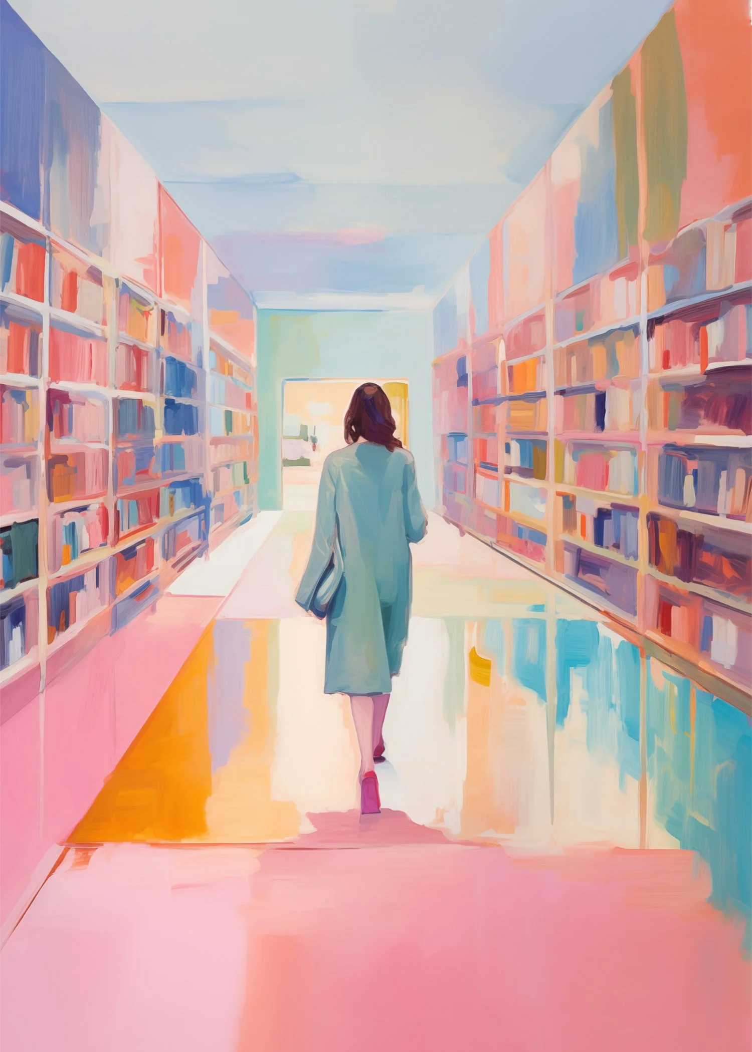 A woman walking through a brightly colored library aisle with bookshelves on each side, painted in an abstract art style.