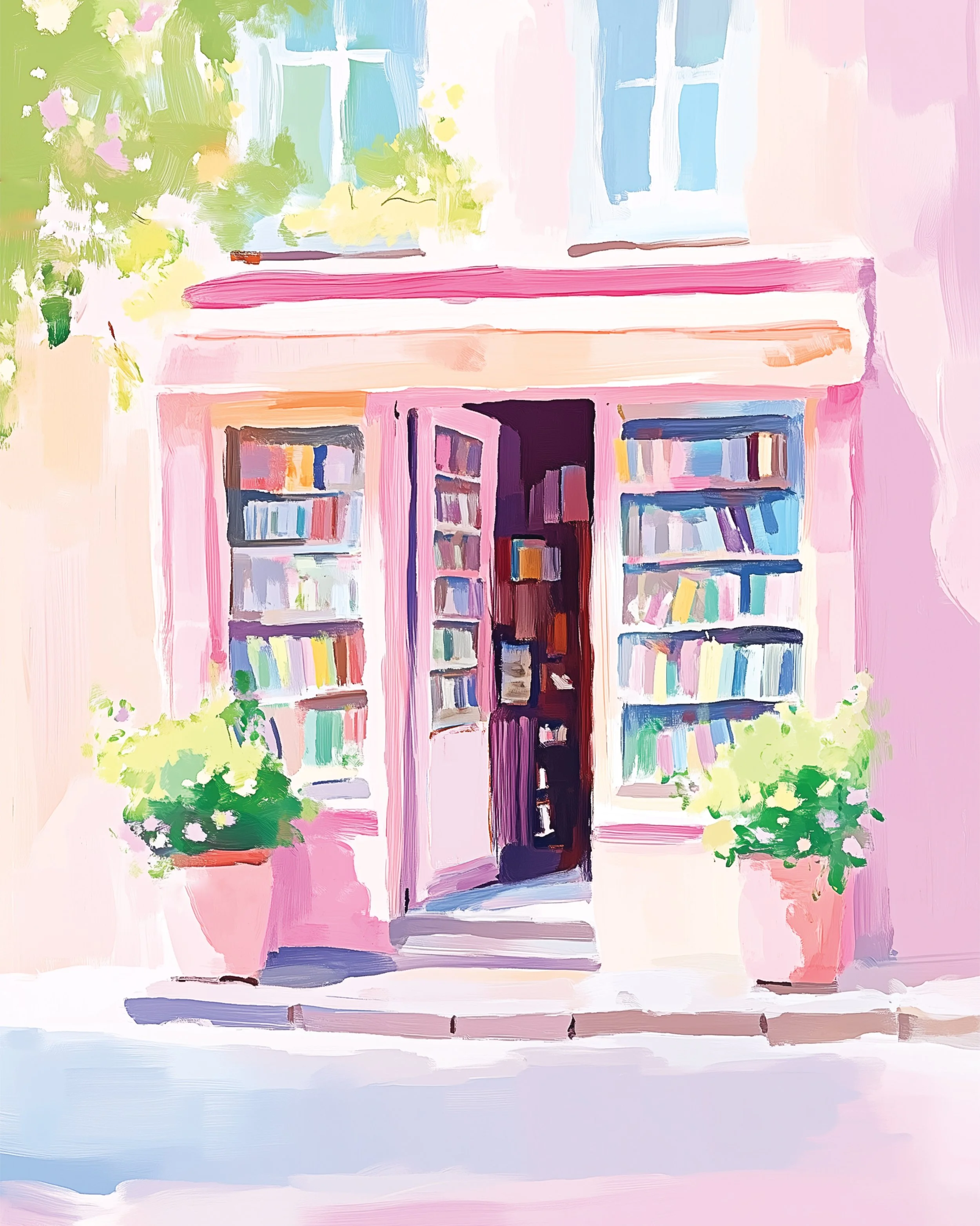 Painted illustration of a pink house with a bookshelf-filled cabinet door, green potted plants on either side, and a sidewalk in front.
