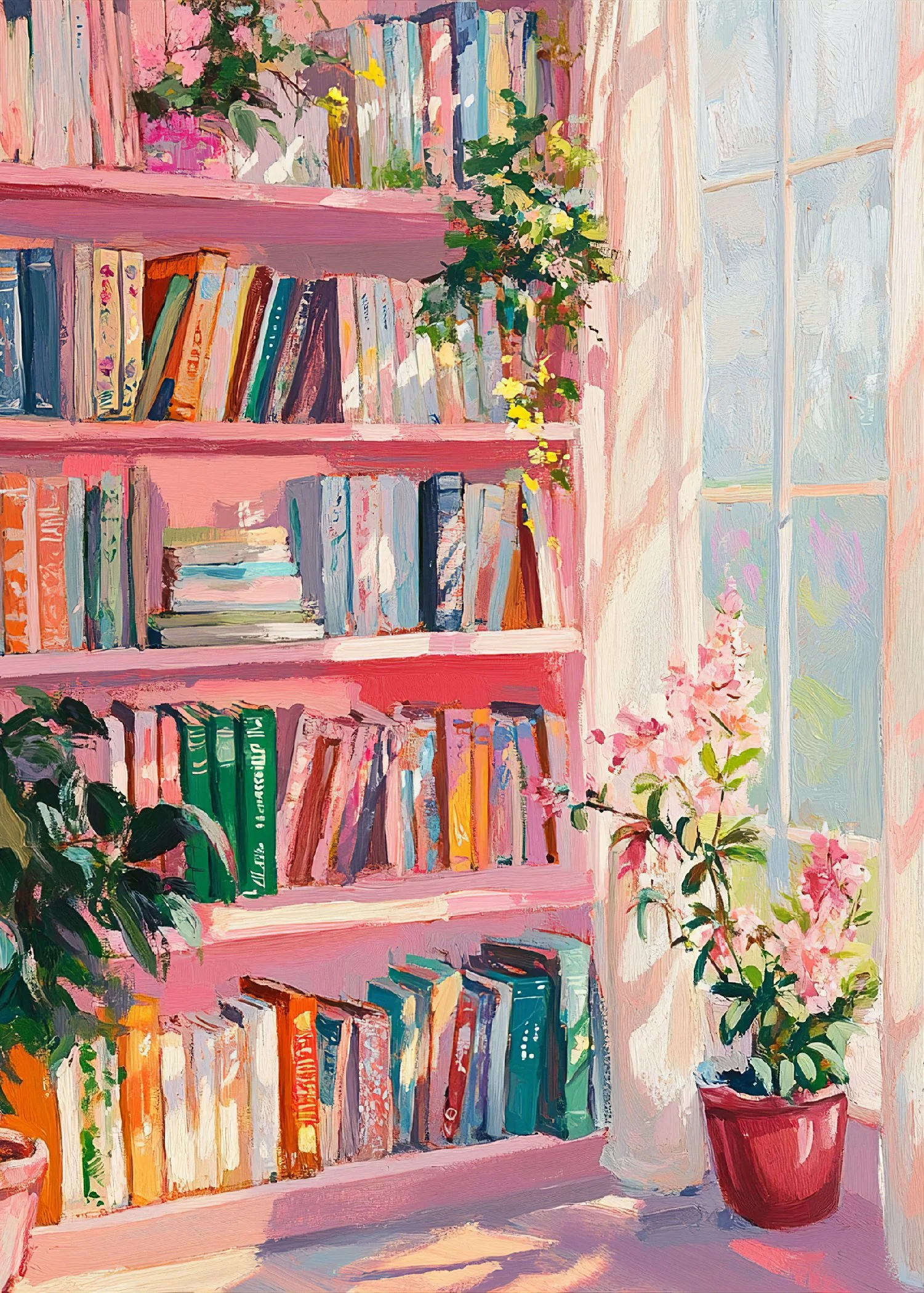 Painting of a pink bookshelf filled with colorful books, with a green potted plant on the lower shelf and a flowering plant in a pot to the right, beside a large window.