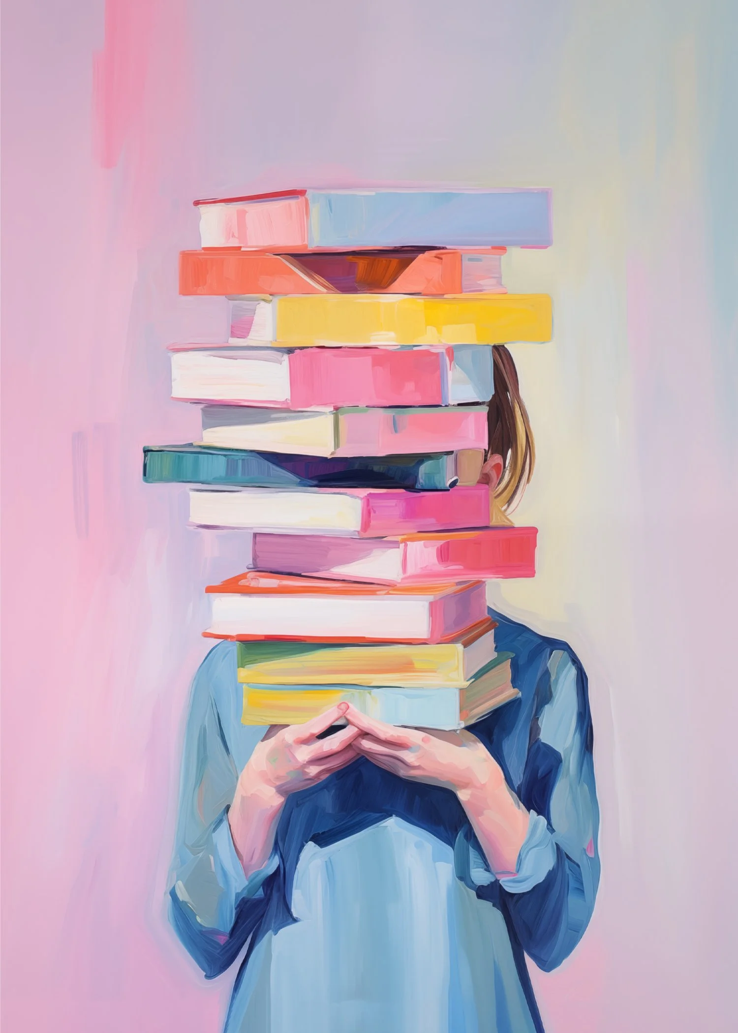A person with a head obscured by a stack of colorful books, holding their hands together in front of them, against a pastel pink and yellow background.