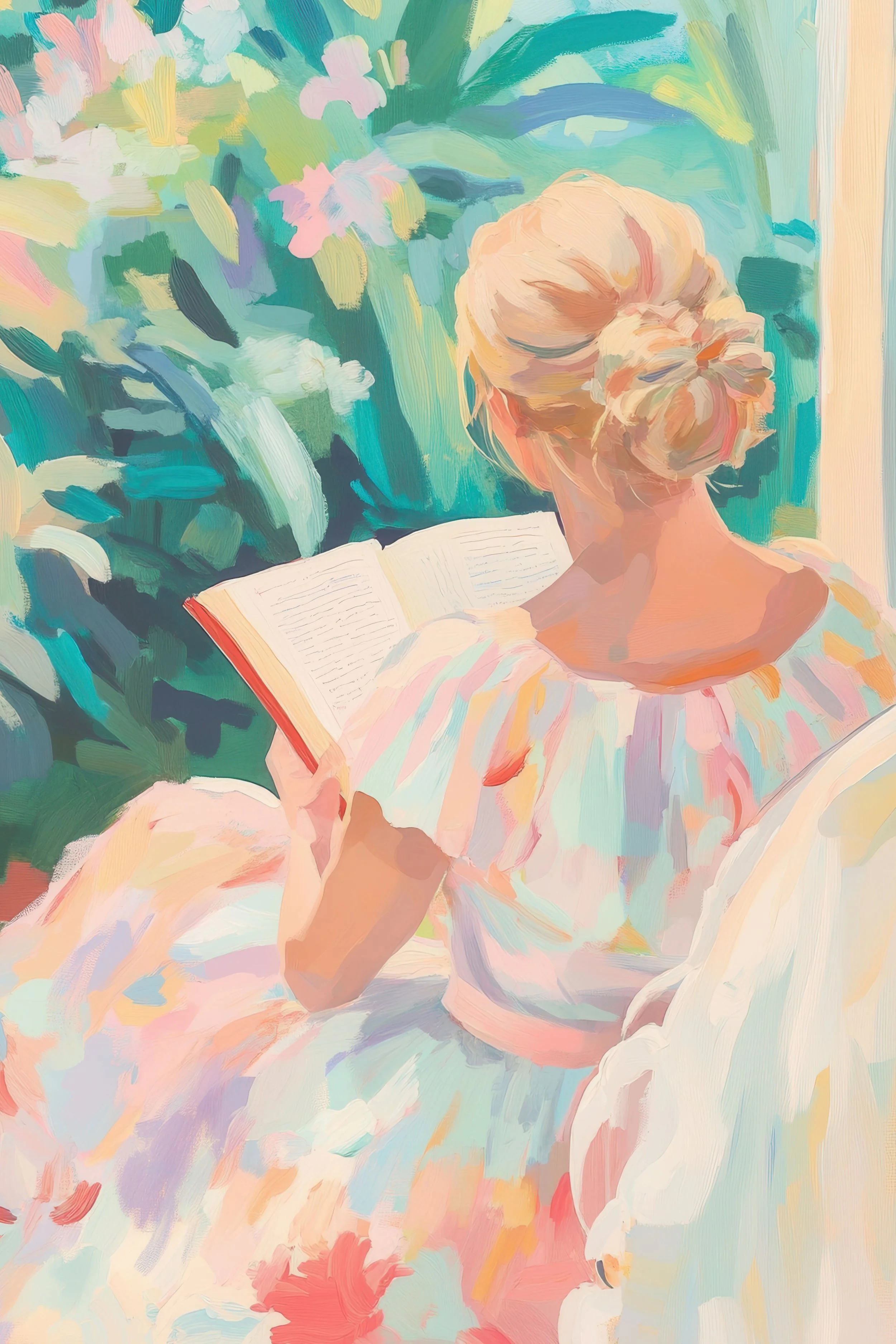 A woman with blonde hair styled in an updo, wearing a pastel-colored dress, is sitting and reading a book in a lush, green garden filled with flowers.