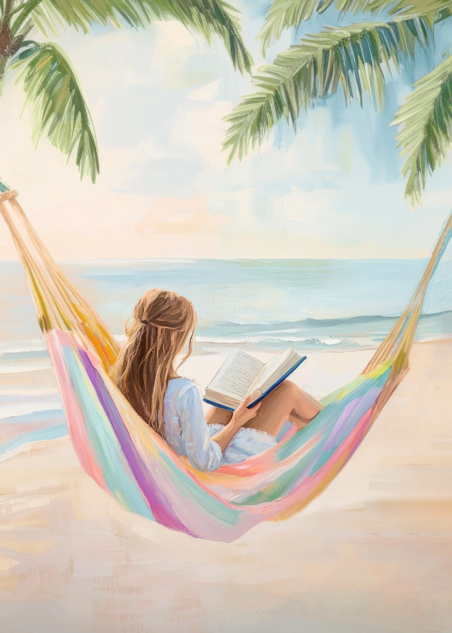 Painting of a woman sitting in a colorful hammock on the beach, reading a book, with palm trees and the ocean in the background.