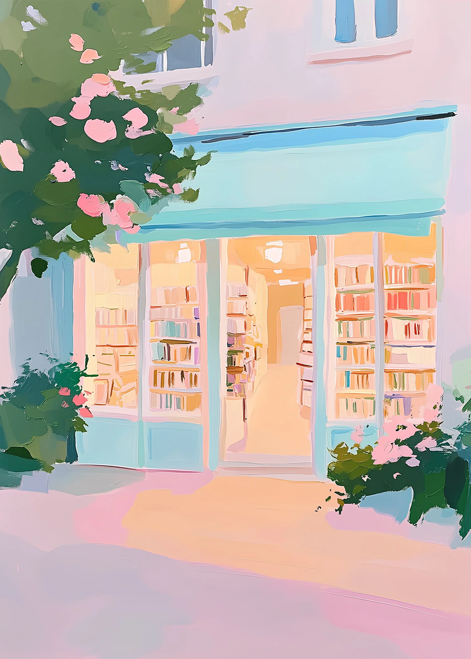 A cozy bookstore with glass doors and shelves filled with books, surrounded by potted plants with pink flowers, painted in a pastel, impressionistic style.