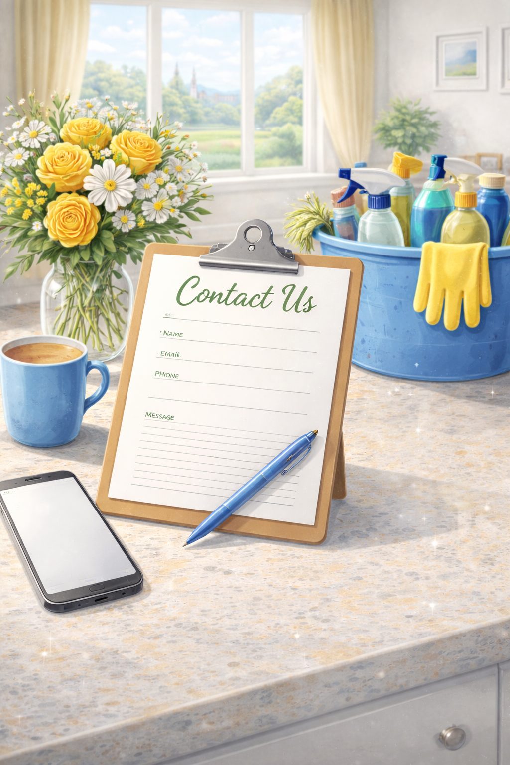 A kitchen countertop with a yellow rose and daisy flower bouquet, a coffee mug, a smartphone, a clipboard with contact information sheet, and a blue bucket with cleaning supplies and yellow rubber gloves. In the background, a window shows a scenic view of trees and a building with spires.