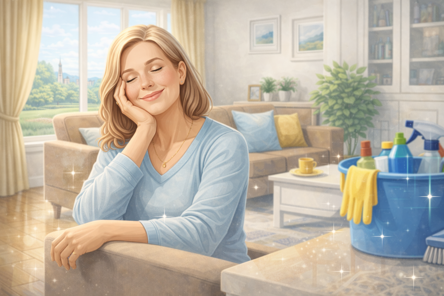 A woman smiling with her eyes closed, sitting in a bright living room with large windows showing a view of greenery and a cityscape, cleaning supplies and yellow gloves on a bucket nearby.