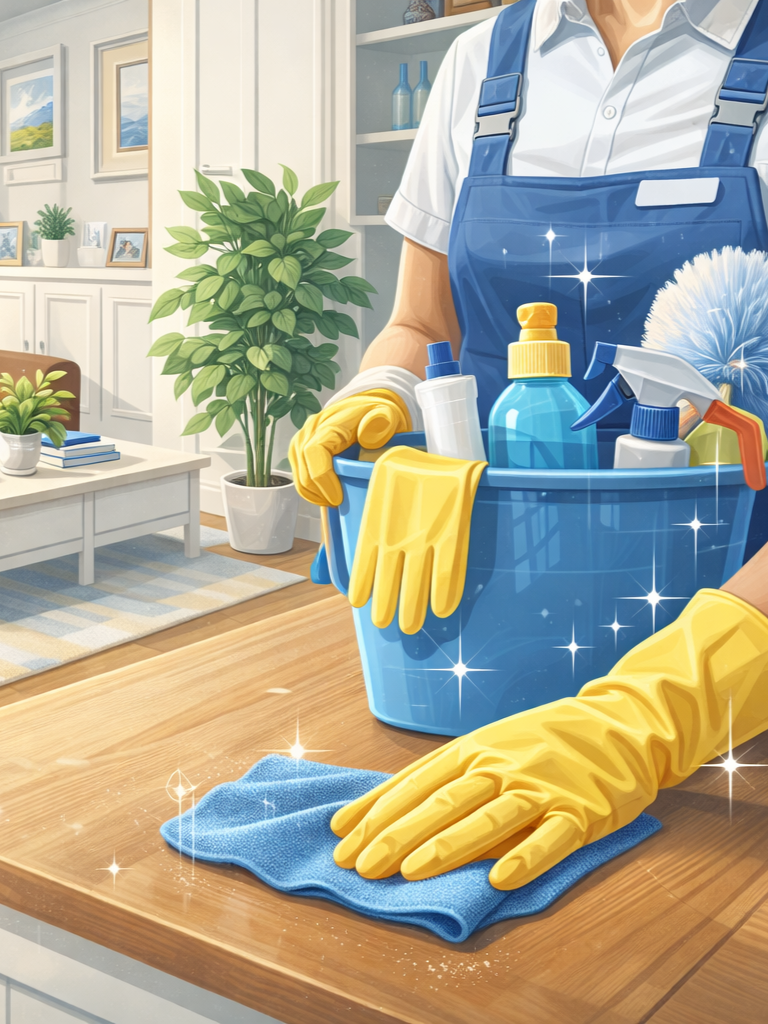 A person wearing yellow rubber gloves, a white shirt, and blue overalls is cleaning a wooden table with a blue cloth. They are holding a blue bucket filled with cleaning supplies, including spray bottles, a sponge, and gloves. The background features a modern, cozy living room with white walls, potted plants, framed pictures, and shelves.