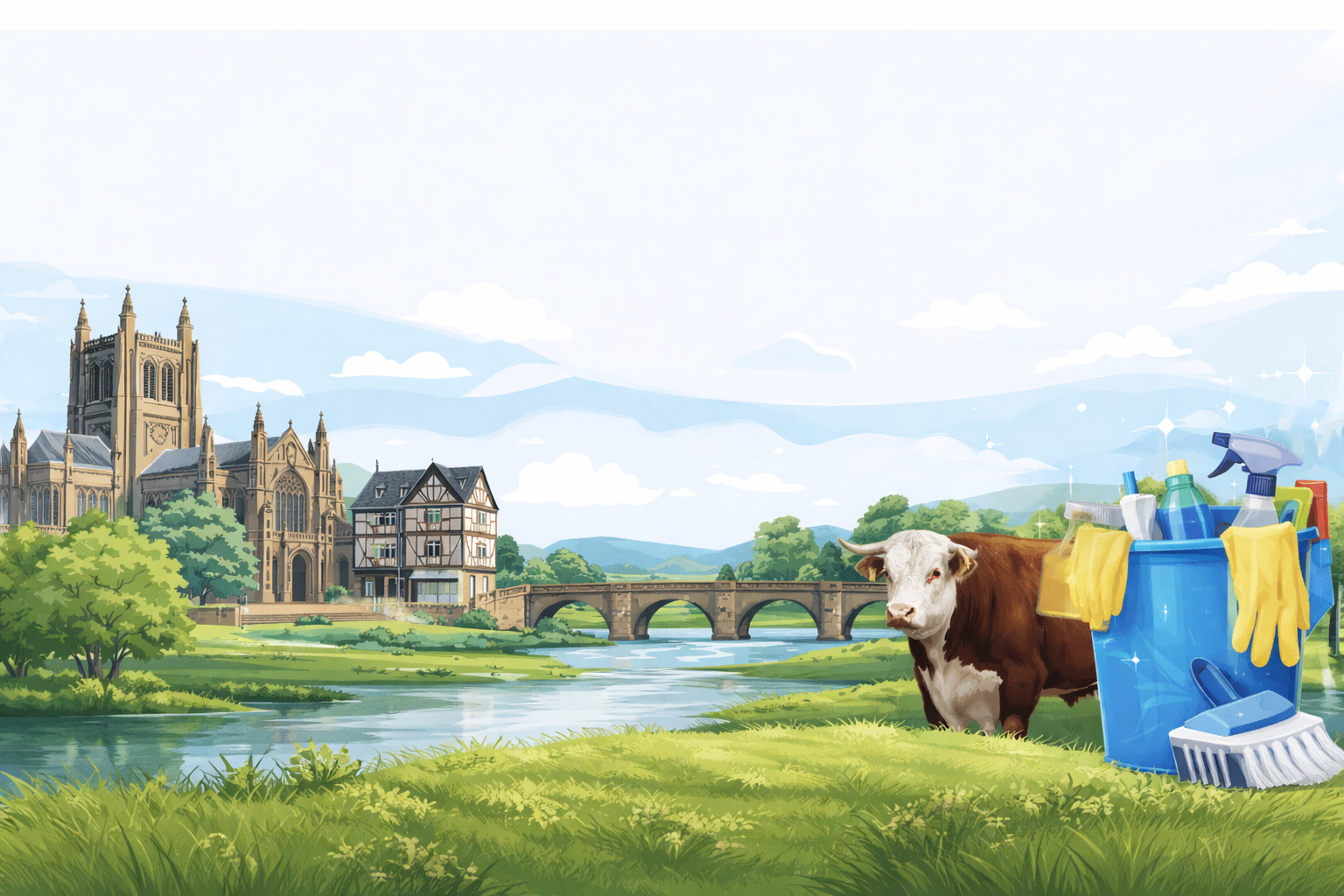A pastoral scene featuring a cow standing on lush green grass beside a blue cleaning caddy with cleaning supplies and gloves, set against a river with a stone bridge, a historic church, and a Tudor-style house in a verdant landscape with rolling hills and a bright sky.