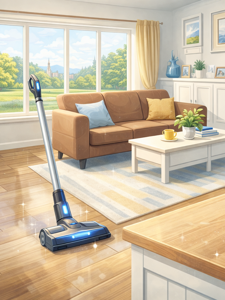 A living room with large windows showing a bright, sunny day and green landscape outside. There is a brown sofa with blue and yellow pillows, a white coffee table with a potted plant, a yellow cup, and some books. The room has hardwood floors, framed pictures on the wall, and a vacuum cleaner in the foreground.