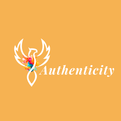 A logo with a stylized bird or phoenix outline, filled with colorful watercolor splashes, next to the word "Authenticity" in white text on a light orange background.