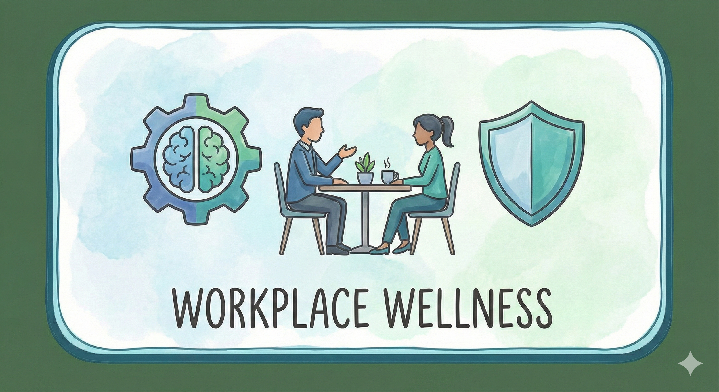 Illustration of two people having a conversation at a table with a plant and coffee, surrounded by icons of a brain and gears on the left and a shield on the right, representing workplace wellness.