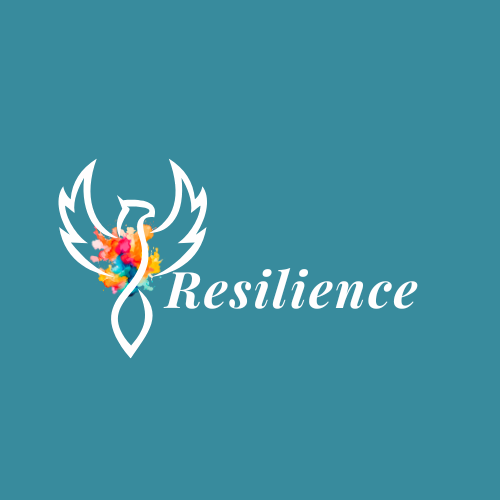 A logo featuring a stylized white phoenix with colorful watercolor splashes at the center, accompanied by the word 'Resilience' in white, set against a teal background.