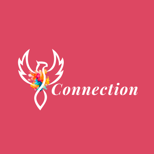 A pink background with a logo of a stylized bird with colorful splashes of paint, and the word "Connection" in white text.