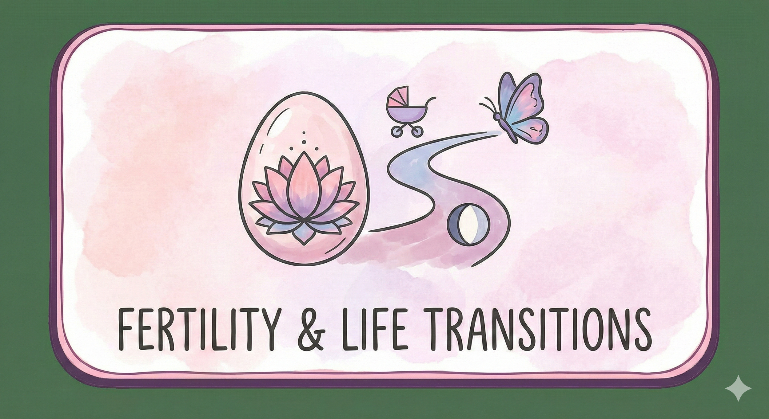 A promotional poster with a pink and purple watercolor background, featuring illustrations of a lotus flower inside an oval, a baby stroller, a butterfly, and a moon. The text below reads "Fertility & Life Transitions."