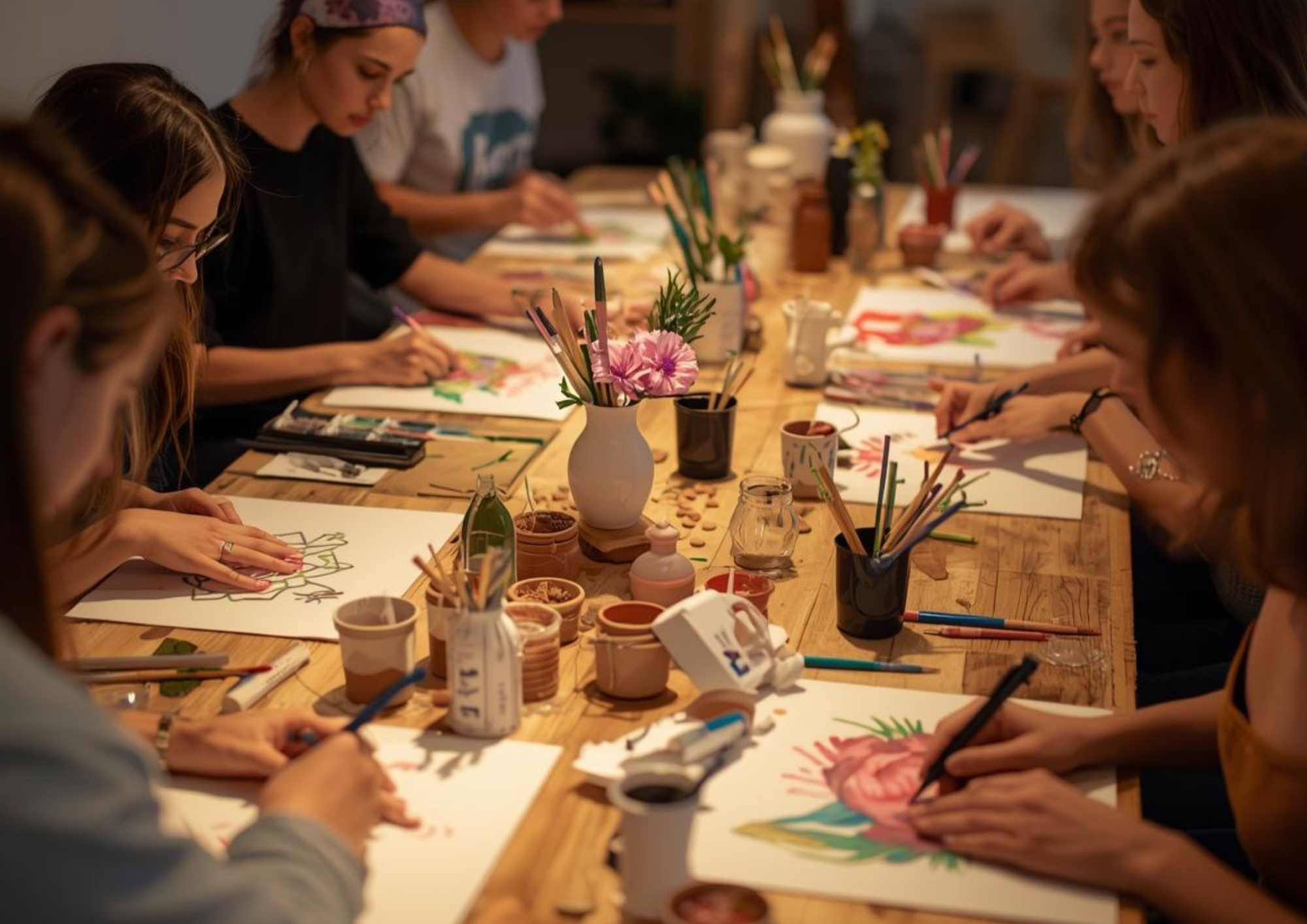 Group of people sitting around a wooden table, painting and drawing with watercolors, surrounded by art supplies and vases with flowers.