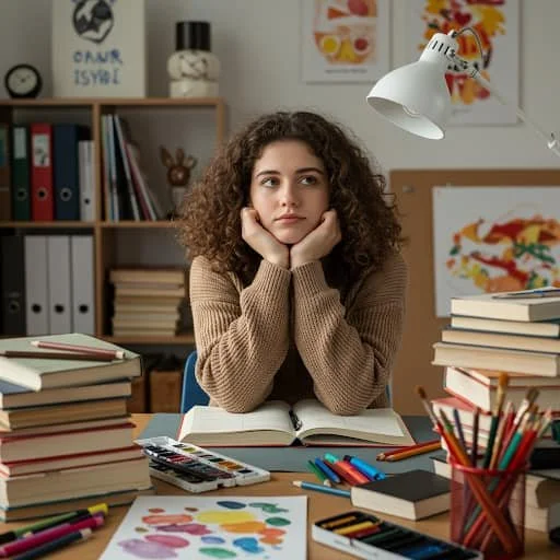 A girl with curly hair sitting at a cluttered desk, resting her chin on her hands, surrounded by stacks of books, colored pens, and a calculator, in a room with shelves, artwork, and a desk lamp.
