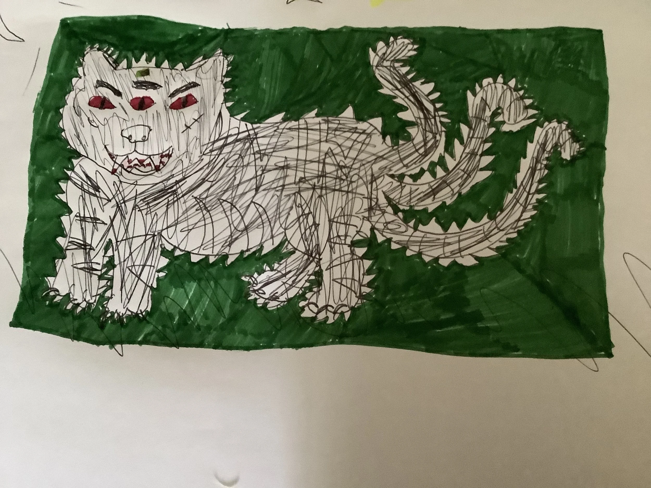 Drawing of a fierce, cartoon-like creature with a lion's body and head, and a wolf's face, on a green background.