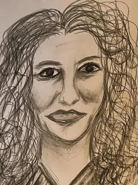 A sketch of a woman with curly hair, prominent eyes, and full lips.