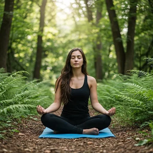 A woman practicing meditation or yoga in a lush green forest, sitting cross-legged on a blue mat with eyes closed and hands resting on knees.