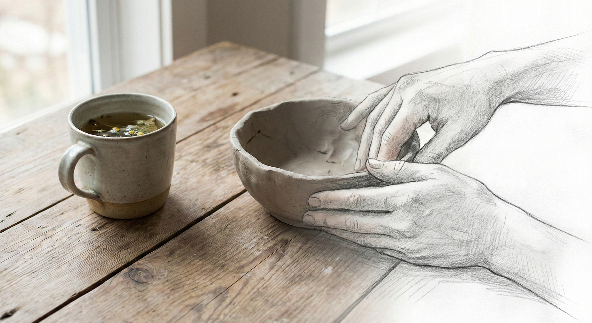 A photo of a ceramic mug with tea and a partially sketched hand placing an object into a ceramic bowl on a wooden table near a window.