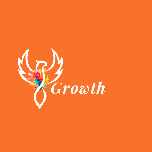 An orange background with a logo of a stylized bird with spread wings and colorful floral details, and the word "Growth" in white text.