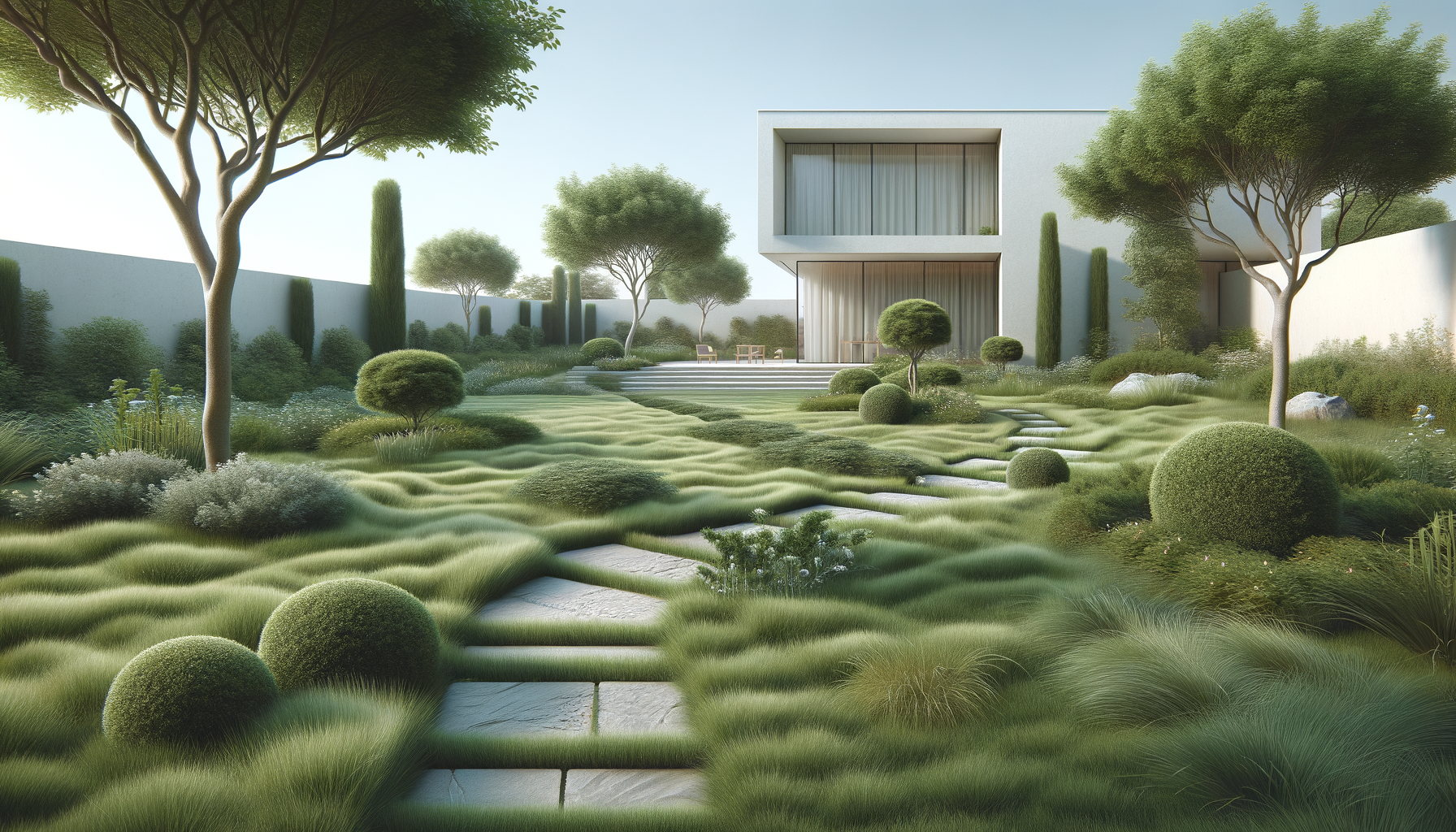 Modern house with extensive garden featuring manicured shrubs, trees, stone pathway, and outdoor seating.