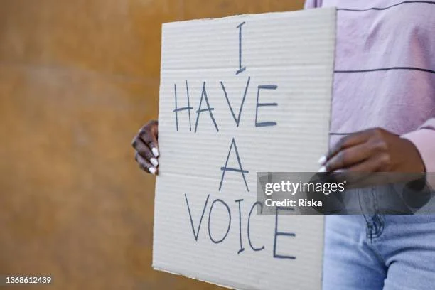 Person holding a cardboard sign that says 'I HAVE A VOICE'.