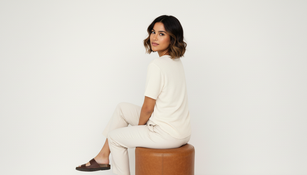A woman with shoulder-length wavy hair sitting on a round brown stool against a plain white background, wearing a cream-colored short-sleeve top, matching pants, and brown sandals.