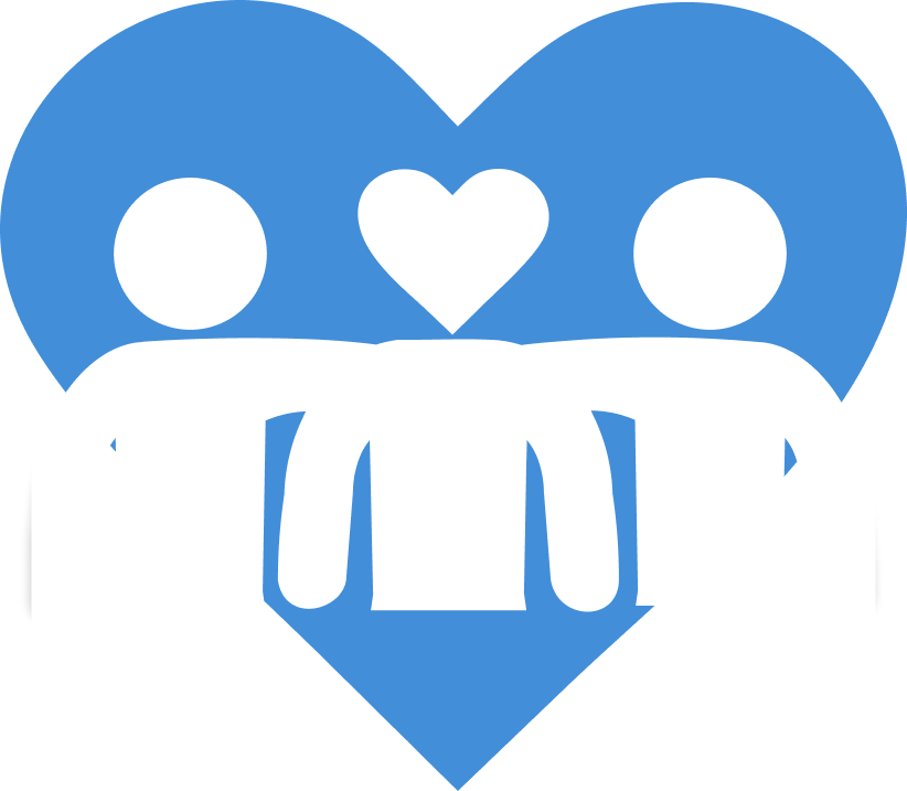 Illustration of three stick figures with a large blue heart and a smaller white heart in the center, symbolizing love and friendship.