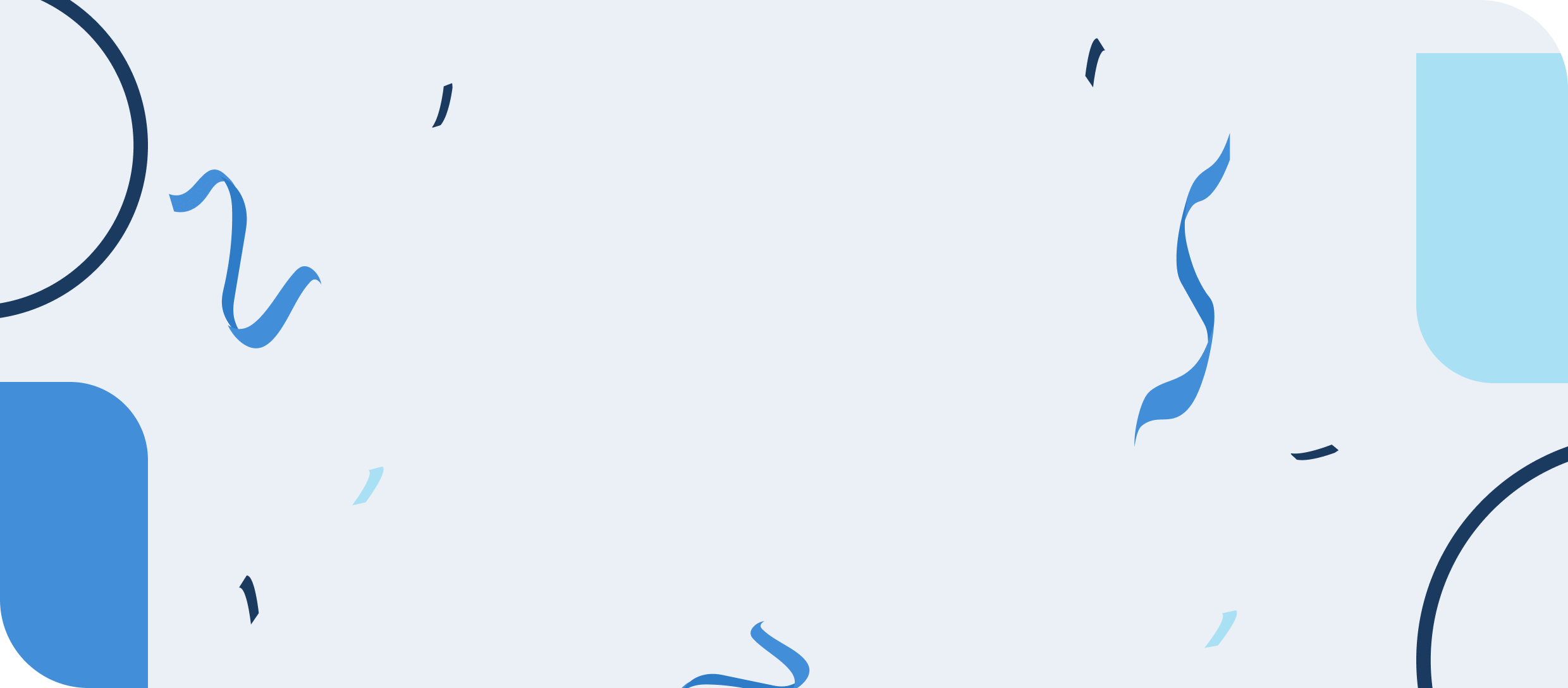 An abstract background with shades of blue, including confetti and curly ribbons.