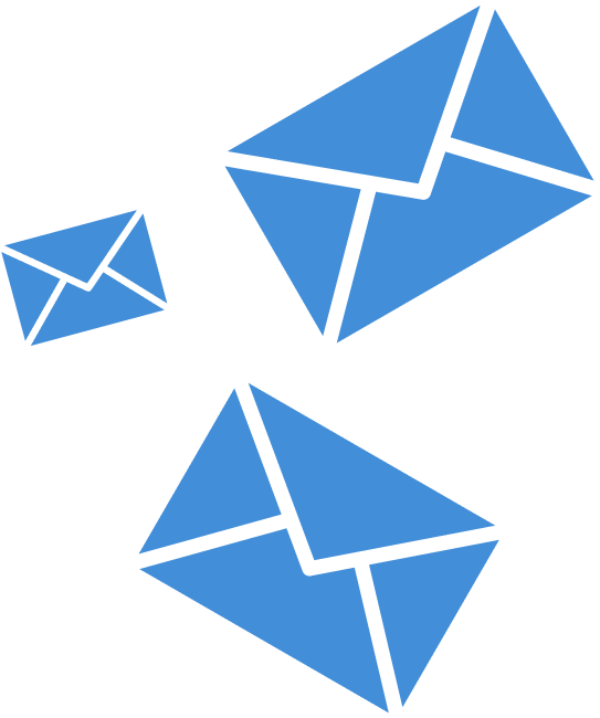 Three blue envelopes of different sizes arranged with the smallest on the left, medium on the bottom, and largest on the top right.