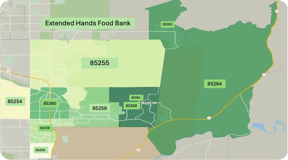 A map showing the service area where Extended Hands Food Bank gives support.