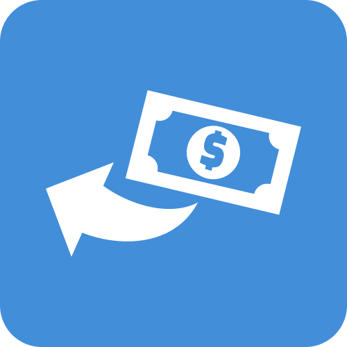 Icon of a dollar bill on a blue background with an returning arrow.