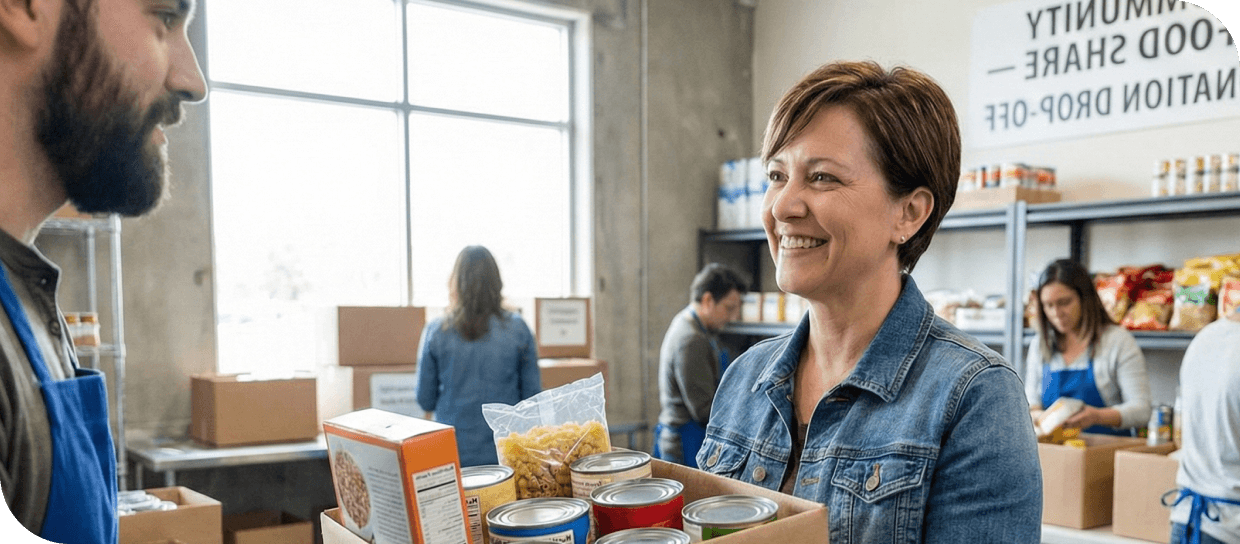 A woman in a denim jacket is smiling and handing over a box of food to a man wearing a blue apron inside a food bank with shelves filled with food items in the background.