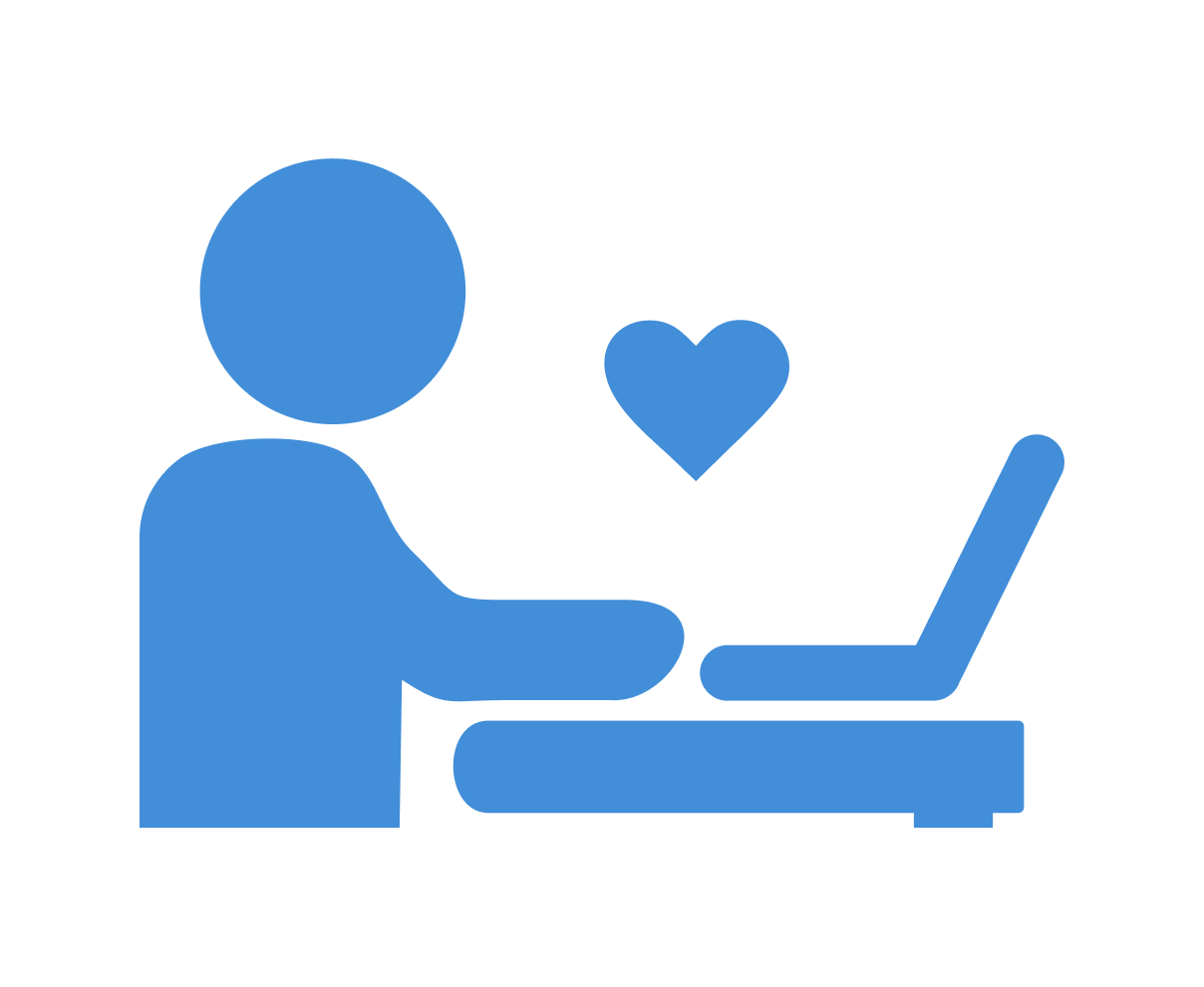 A blue icon of a person sitting at a desk using a laptop, with a heart symbol above the laptop.