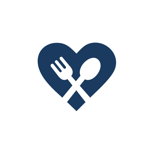 A heart shape with a fork and spoon crossing inside it, representing food donations.
